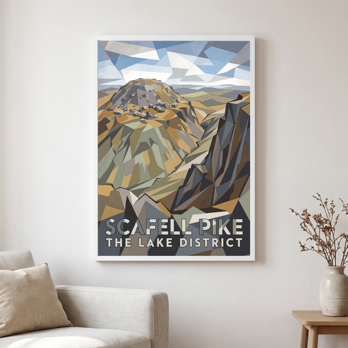 Scafell Pike travel poster in a white frame, hanging in a living2