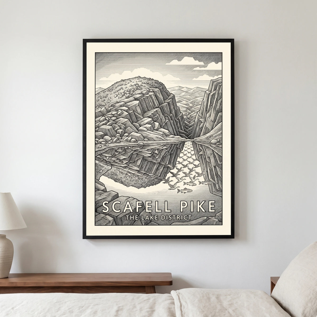 Scafell Pike travel poster in a black frame, hanging in a bedroom3
