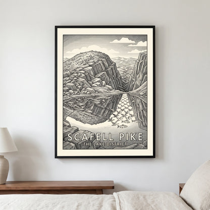 Scafell Pike travel poster in a black frame, hanging in a bedroom3