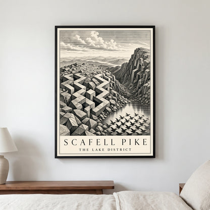 Scafell Pike travel poster in a black frame, hanging in a bedroom3