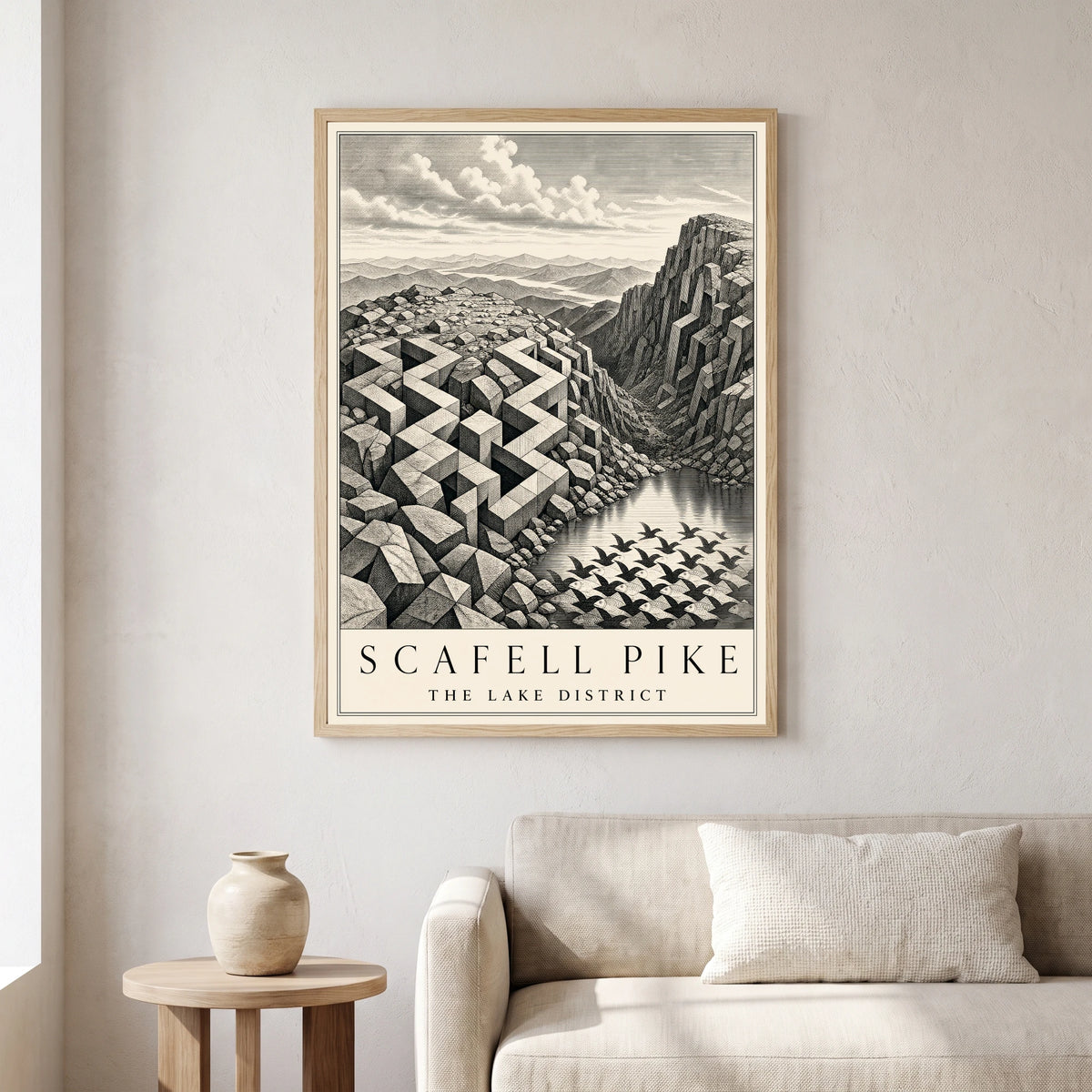 Scafell Pike travel poster in a natural frame, hanging in a living