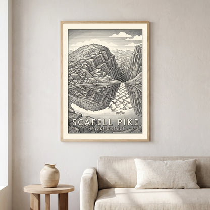 Scafell Pike travel poster in a natural frame, hanging in a living