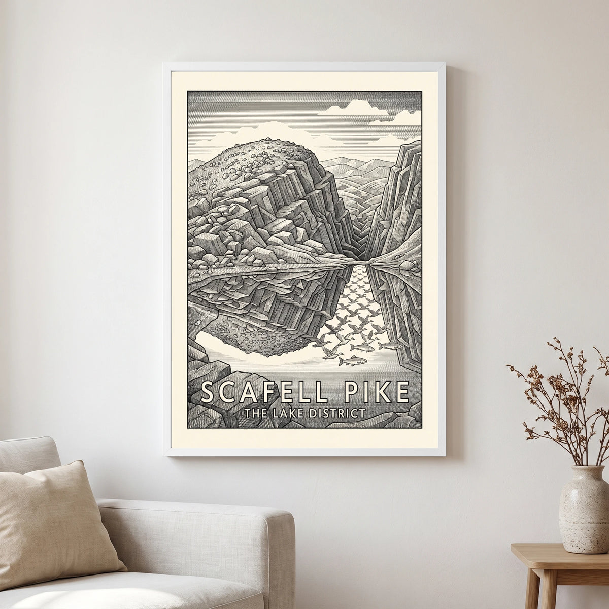 Scafell Pike travel poster in a white frame, hanging in a living2