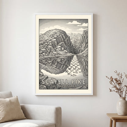 Scafell Pike travel poster in a white frame, hanging in a living2