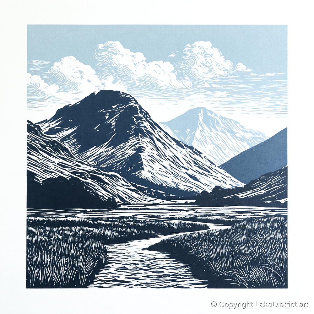 Scafell Pike in Deep Navy - lake district fell art print and canvas by Alfred Morland A.I