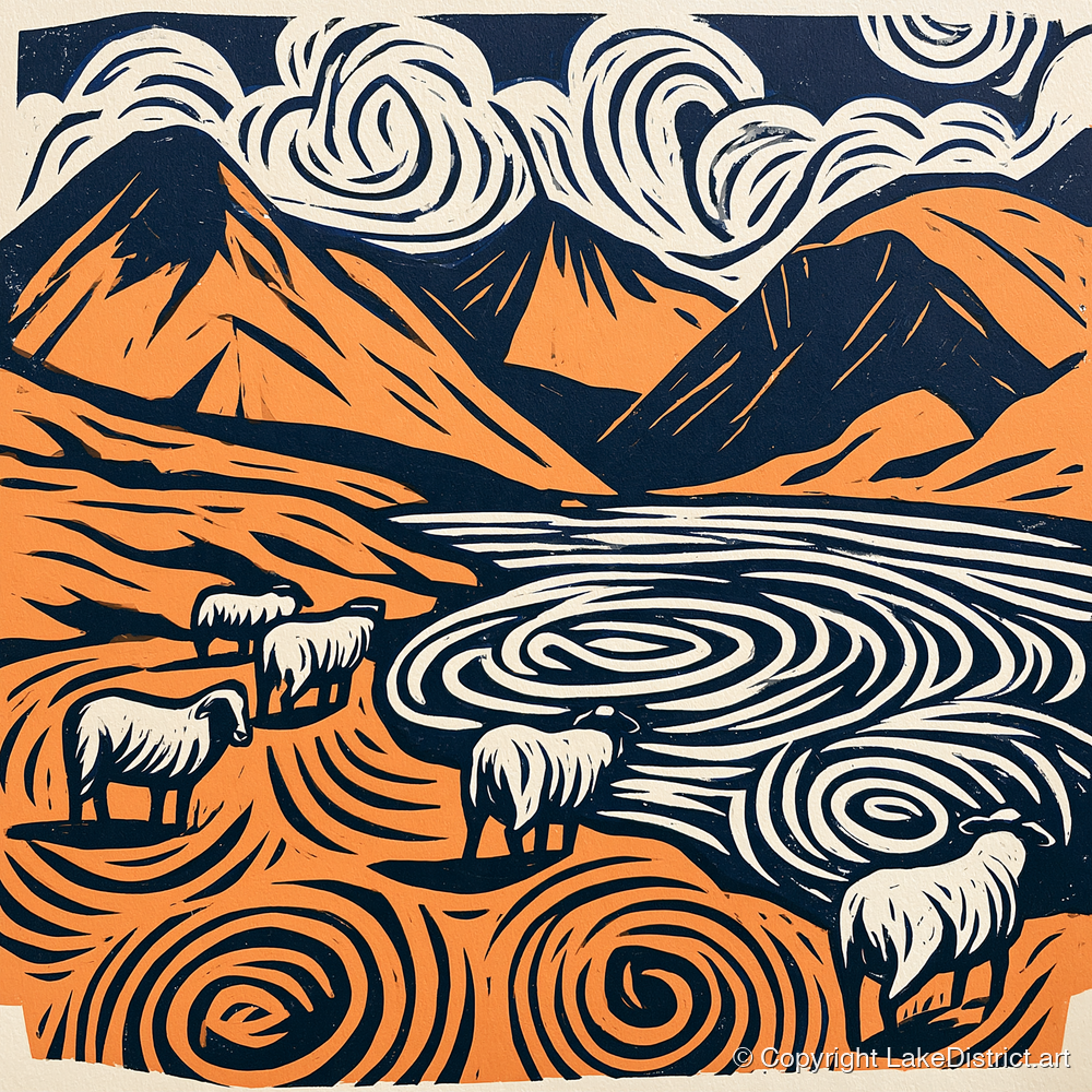 Scafell Pike in Terracotta and Navy - lake district fell art print and canvas by Leon Baxter A.I
