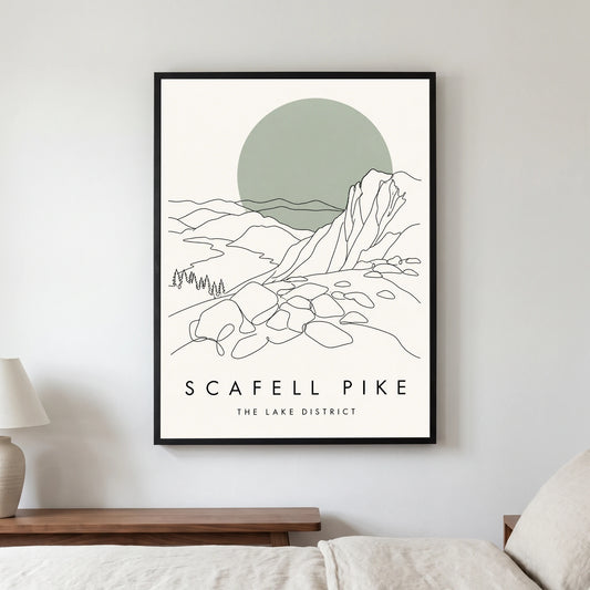 Scafell Pike travel poster in a black frame, hanging in a bedroom3