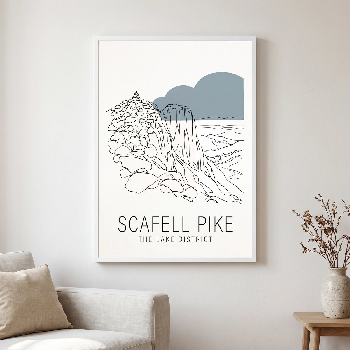Scafell Pike travel poster in a white frame, hanging in a living2