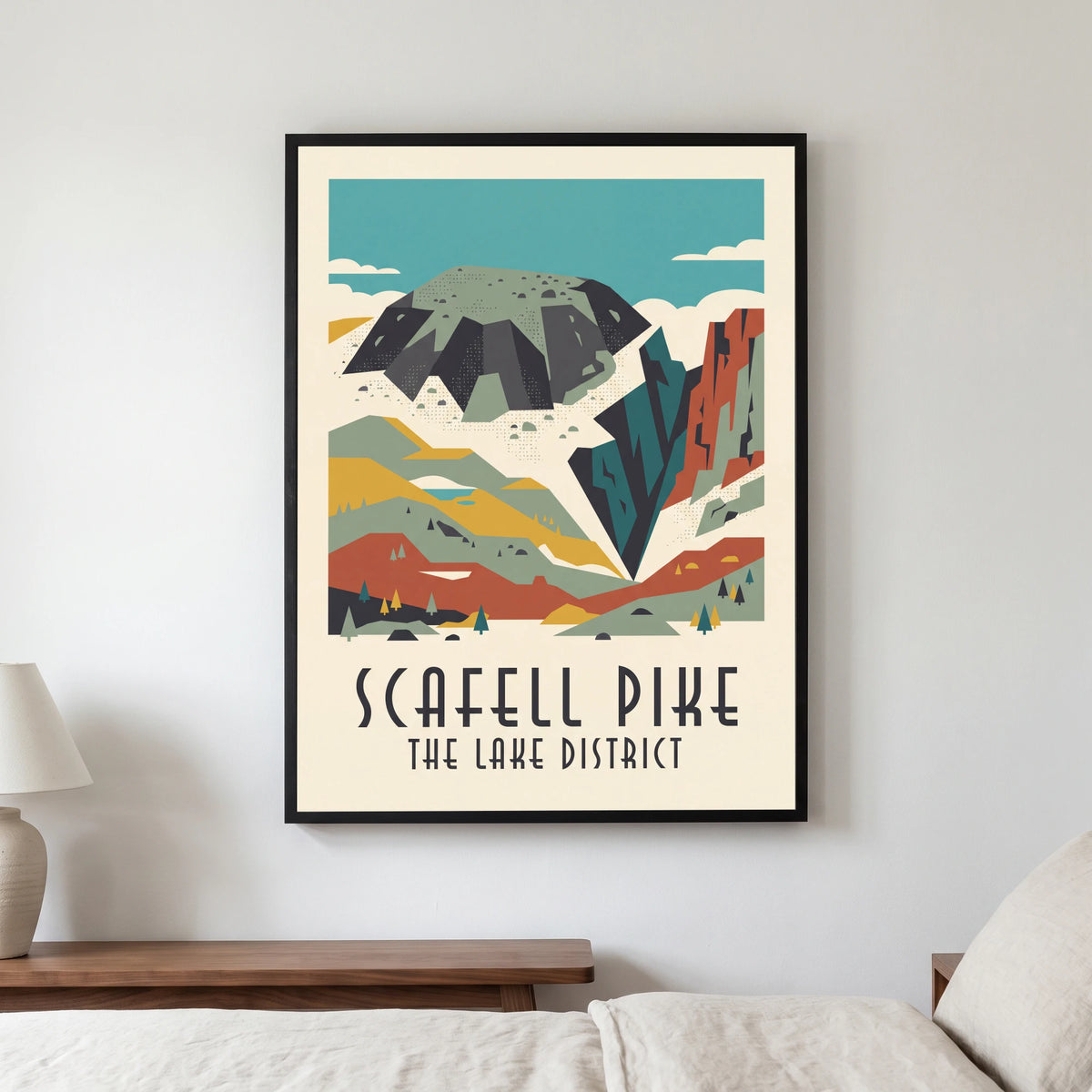 Scafell Pike travel poster in a black frame, hanging in a bedroom3
