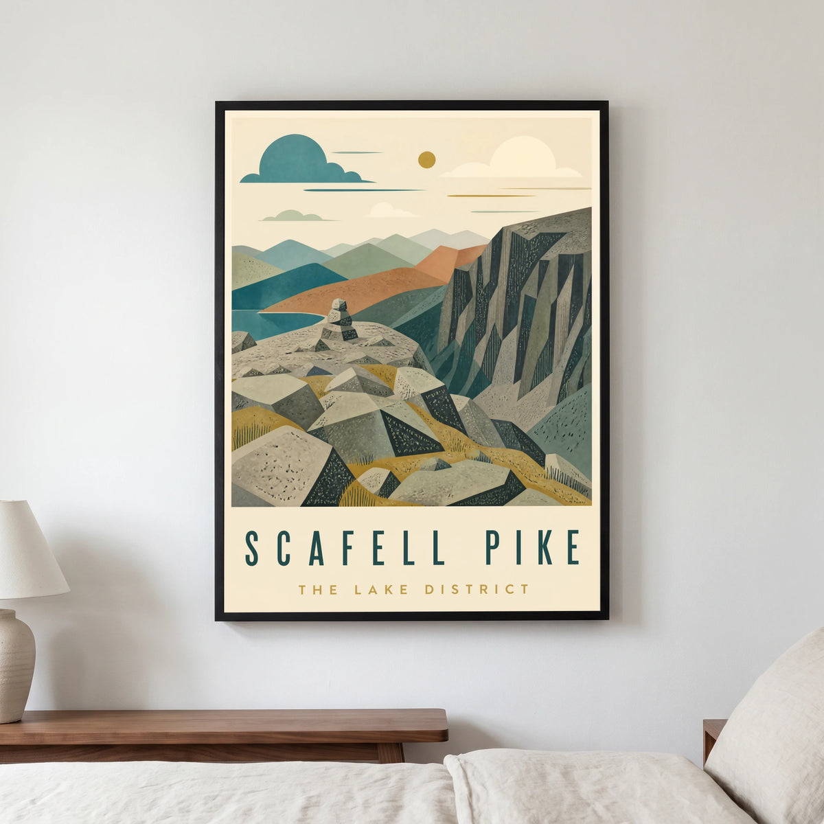 Scafell Pike travel poster in a black frame, hanging in a bedroom3