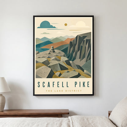 Scafell Pike travel poster in a black frame, hanging in a bedroom3