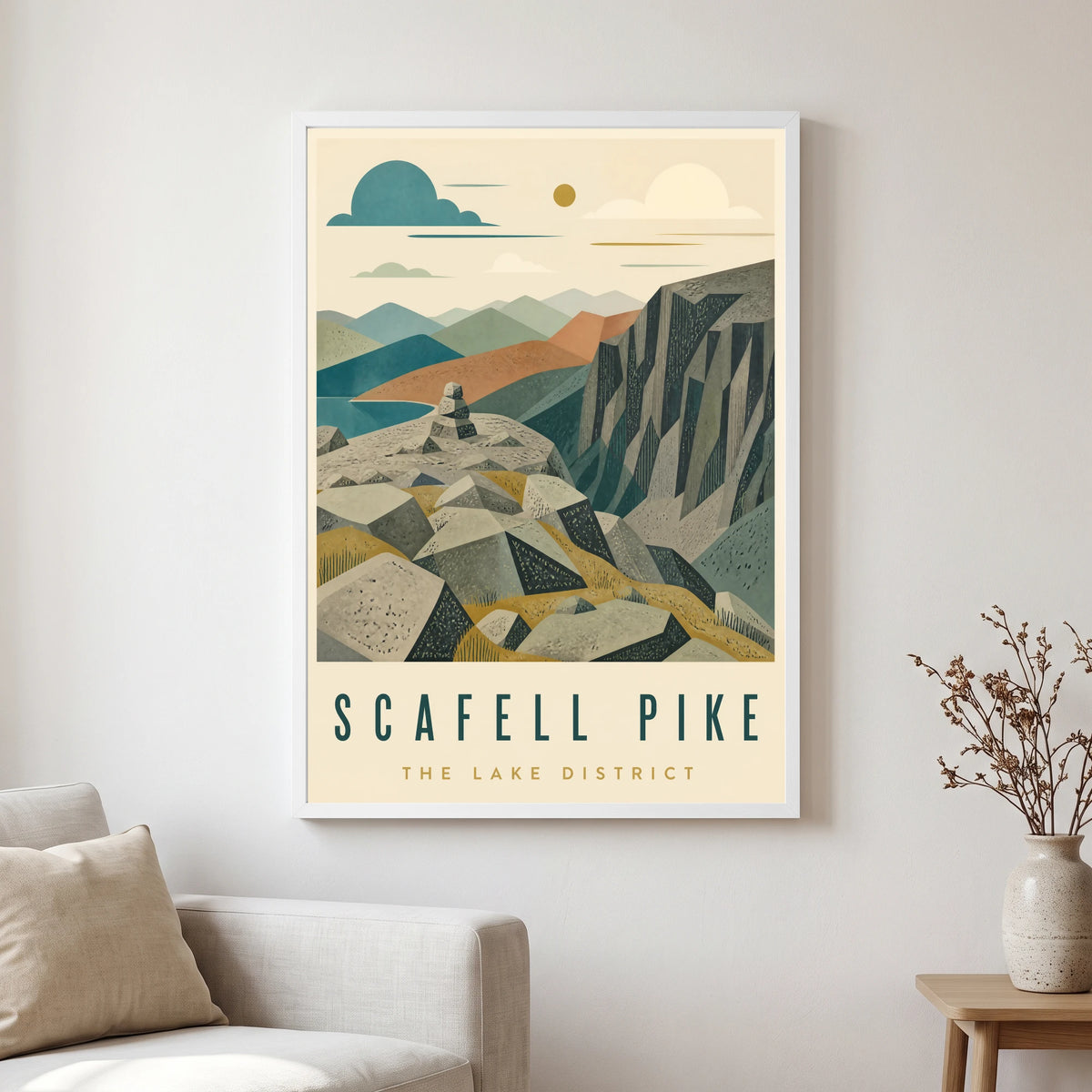 Scafell Pike travel poster in a white frame, hanging in a living2