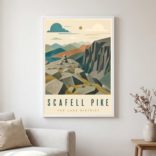 Scafell Pike travel poster in a white frame, hanging in a living2