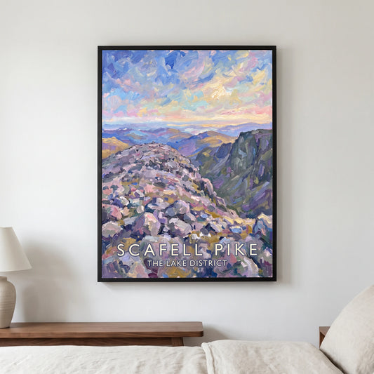 Scafell Pike travel poster in a black frame, hanging in a bedroom3