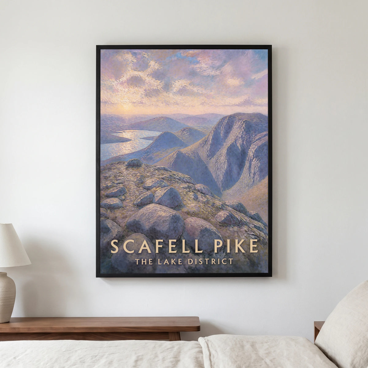 Scafell Pike travel poster in a black frame, hanging in a bedroom3