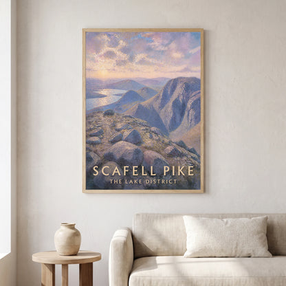 Scafell Pike travel poster in a natural frame, hanging in a living