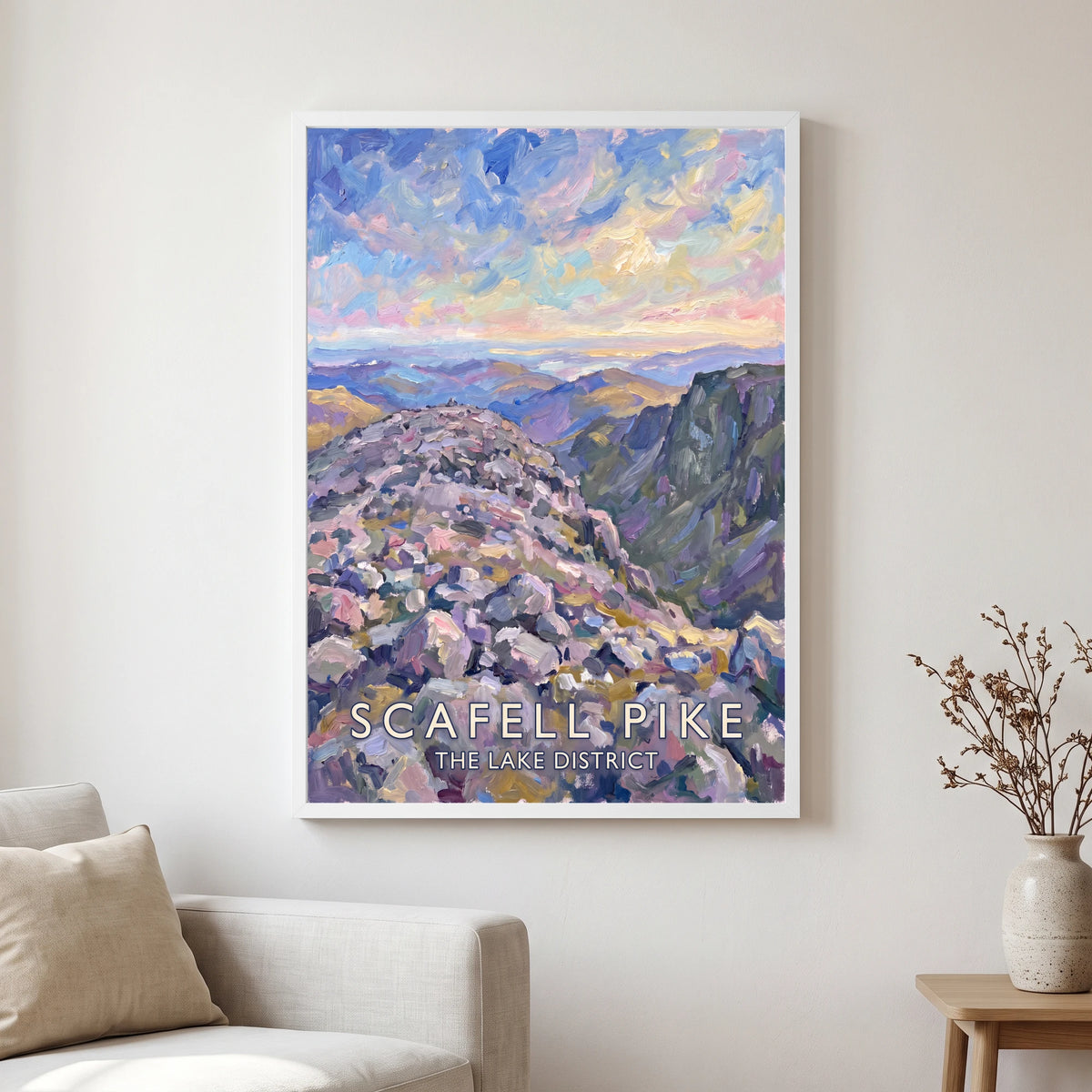 Scafell Pike travel poster in a white frame, hanging in a living2
