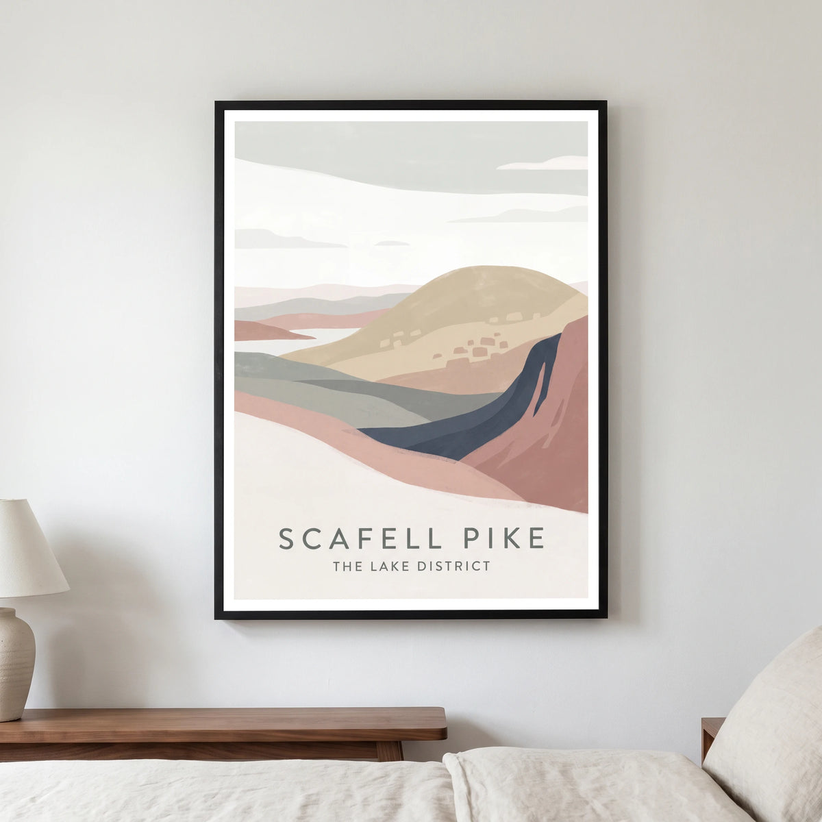 Scafell Pike travel poster in a black frame, hanging in a bedroom3