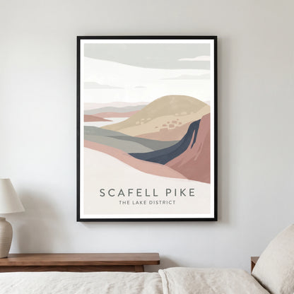 Scafell Pike travel poster in a black frame, hanging in a bedroom3