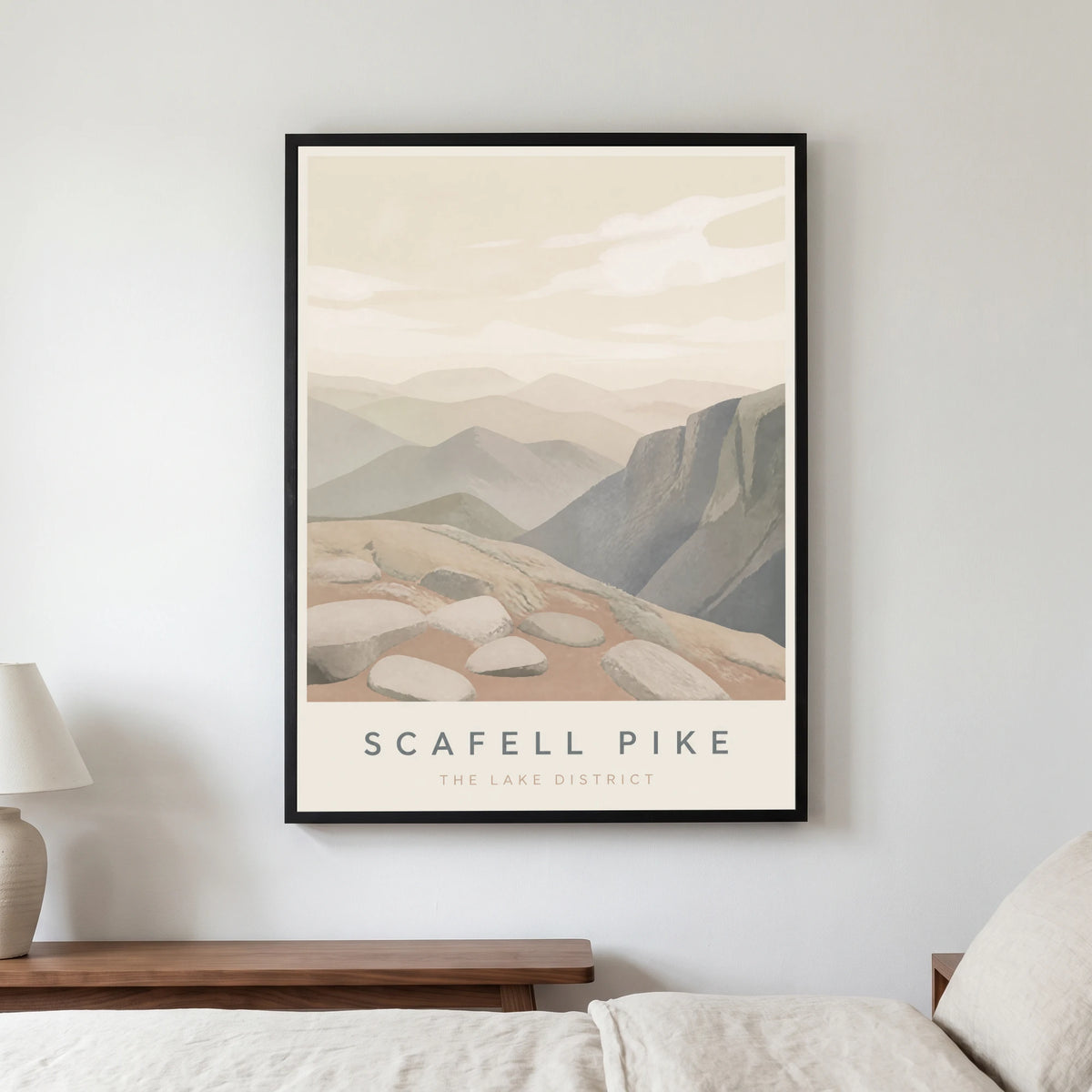 Scafell Pike travel poster in a black frame, hanging in a bedroom3