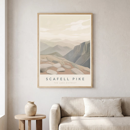 Scafell Pike travel poster in a natural frame, hanging in a living