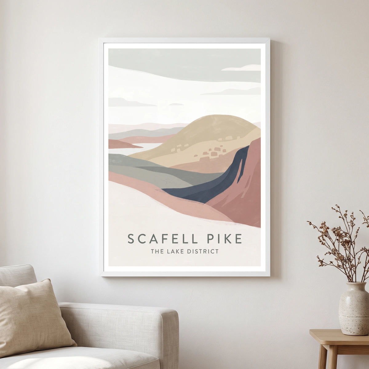 Scafell Pike travel poster in a white frame, hanging in a living2
