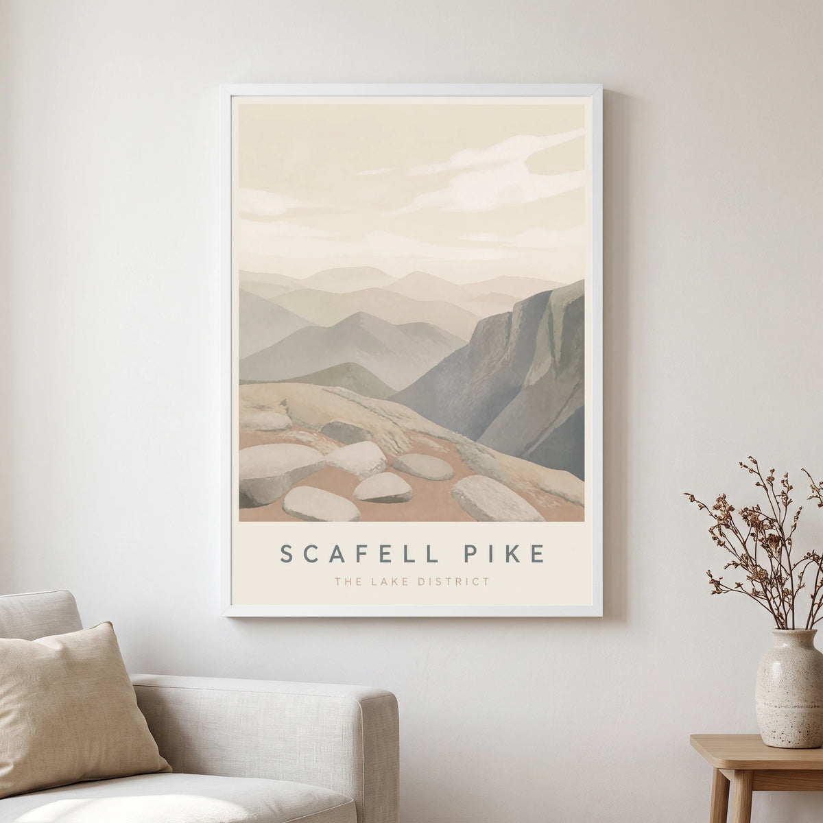 Scafell Pike travel poster in a white frame, hanging in a living2