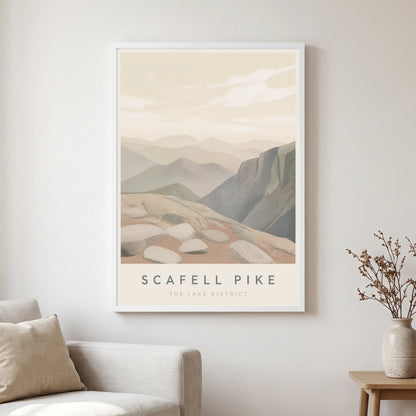 Scafell Pike travel poster in a white frame, hanging in a living2