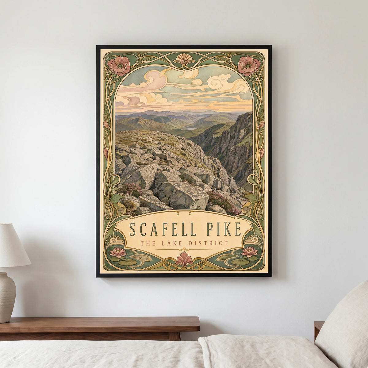 Scafell Pike travel poster in a black frame, hanging in a bedroom3