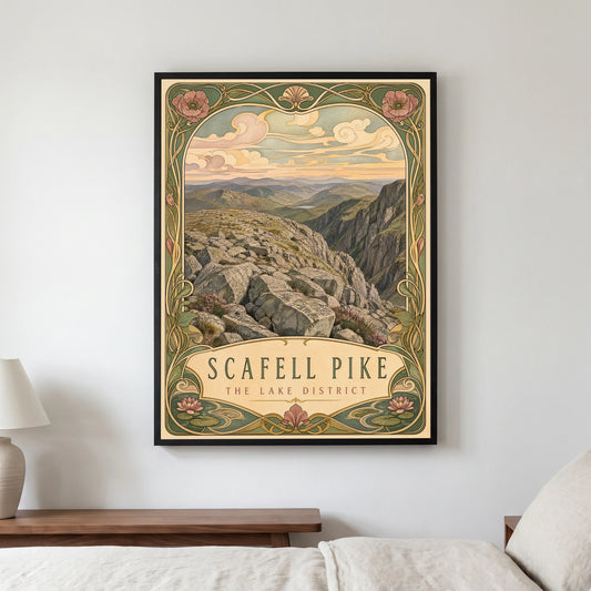 Scafell Pike travel poster in a black frame, hanging in a bedroom3