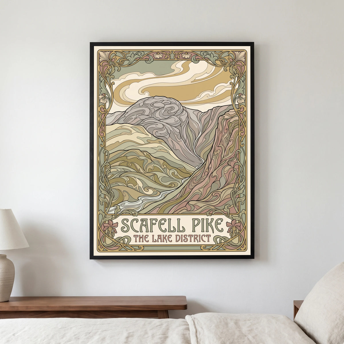 Scafell Pike travel poster in a black frame, hanging in a bedroom3