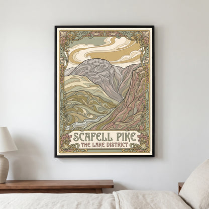 Scafell Pike travel poster in a black frame, hanging in a bedroom3