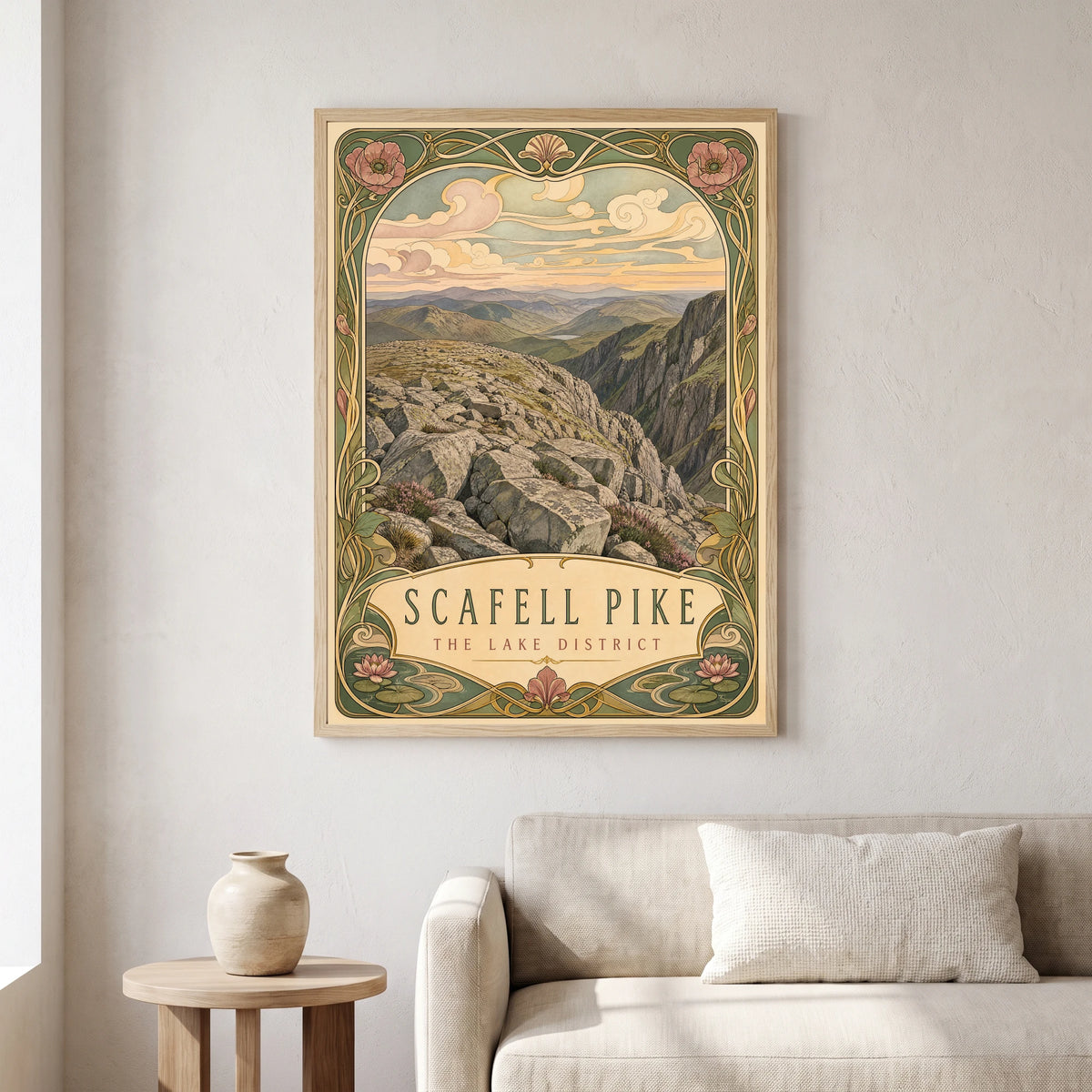 Scafell Pike travel poster in a natural frame, hanging in a living