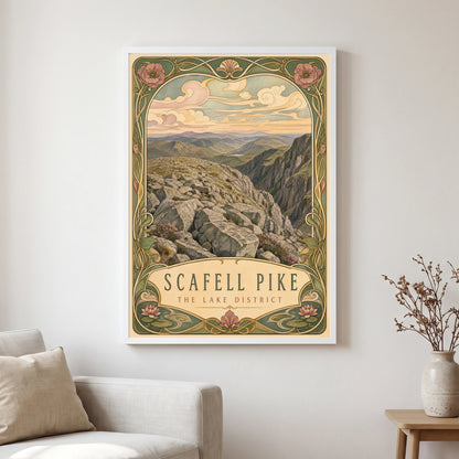Scafell Pike travel poster in a white frame, hanging in a living2
