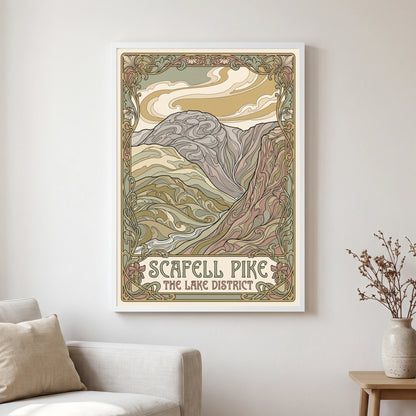 Scafell Pike travel poster in a white frame, hanging in a living2
