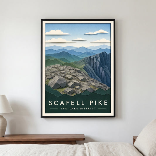 Scafell Pike travel poster in a black frame, hanging in a bedroom3