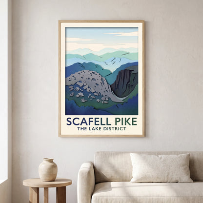 Scafell Pike travel poster in a natural frame, hanging in a living