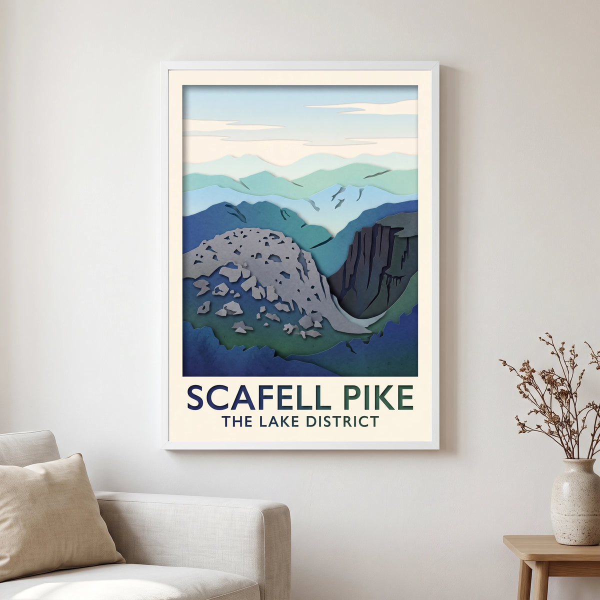 Scafell Pike travel poster in a white frame, hanging in a living2