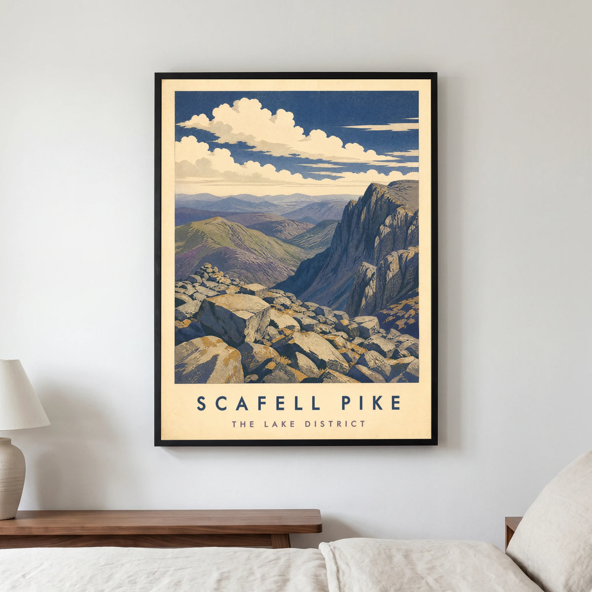 Scafell Pike travel poster in a black frame, hanging in a bedroom3