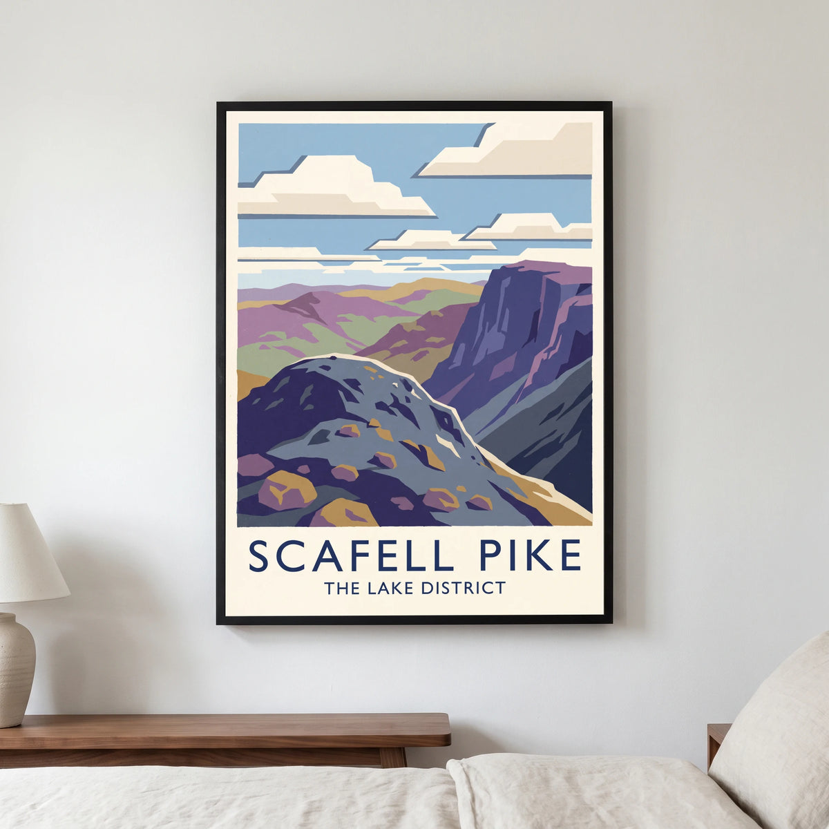 Scafell Pike travel poster in a black frame, hanging in a bedroom3
