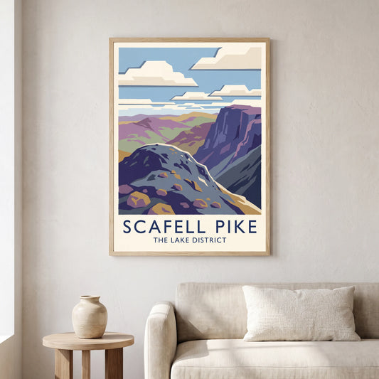 Scafell Pike travel poster in a natural frame, hanging in a living