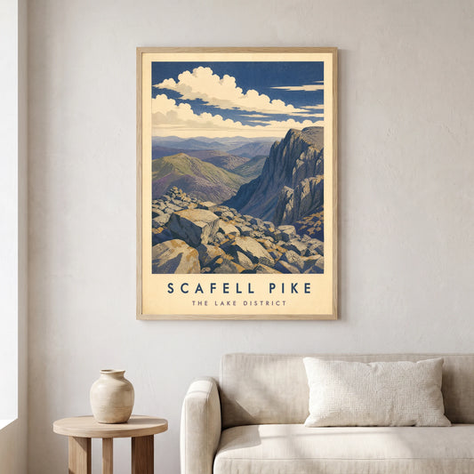 Scafell Pike travel poster in a natural frame, hanging in a living