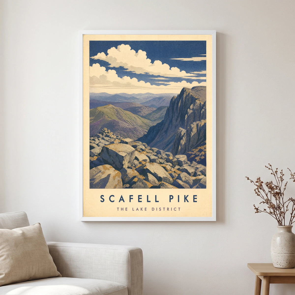 Scafell Pike travel poster in a white frame, hanging in a living2