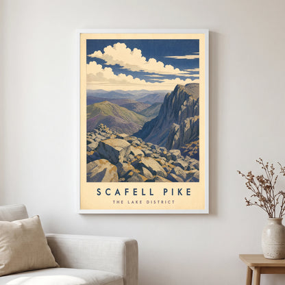 Scafell Pike travel poster in a white frame, hanging in a living2