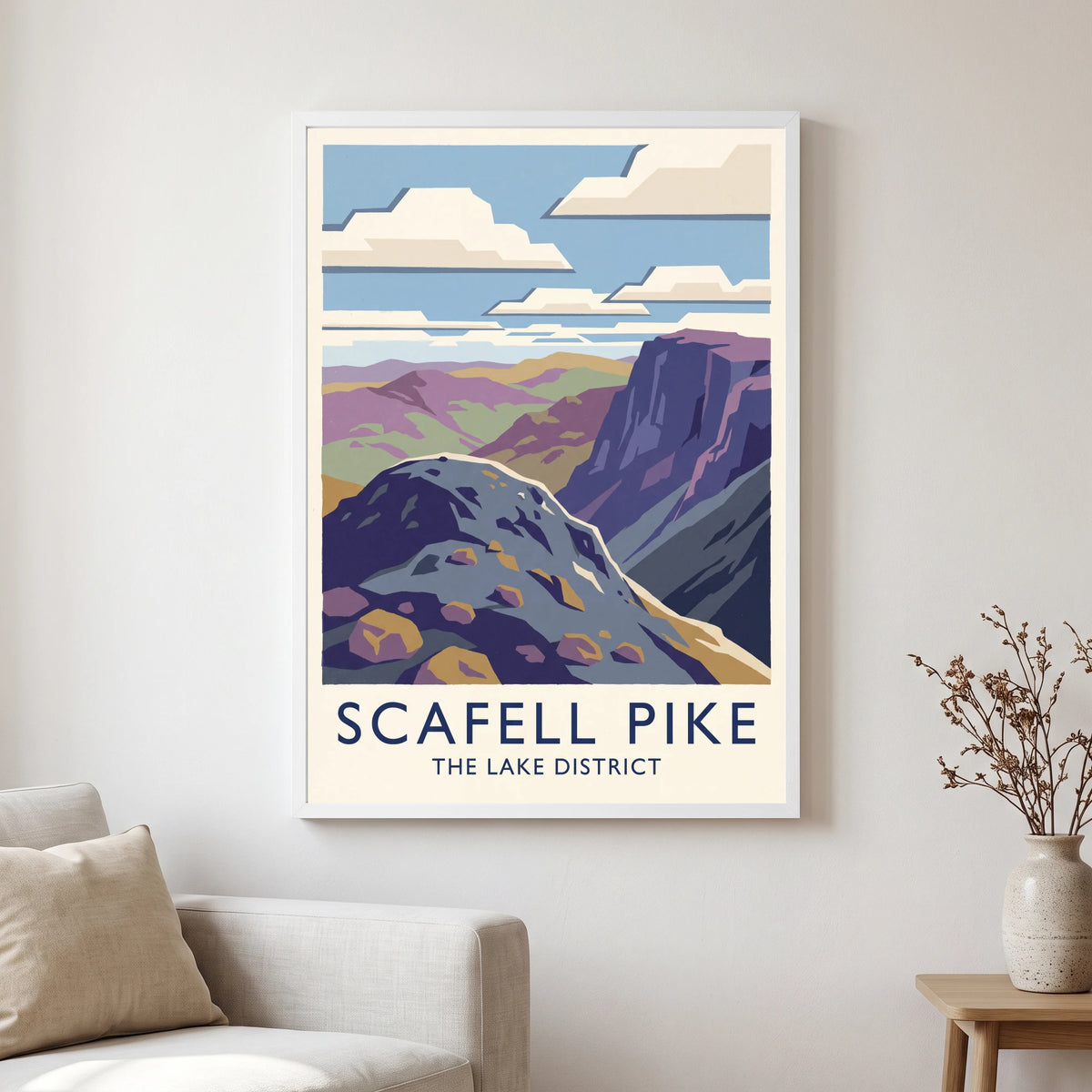 Scafell Pike travel poster in a white frame, hanging in a living2