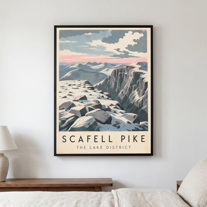 Scafell Pike travel poster in a black frame, hanging in a bedroom3