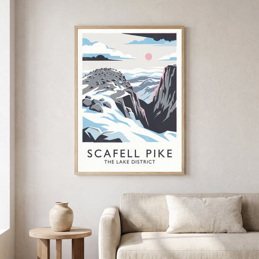 Scafell Pike travel poster in a natural frame, hanging in a living