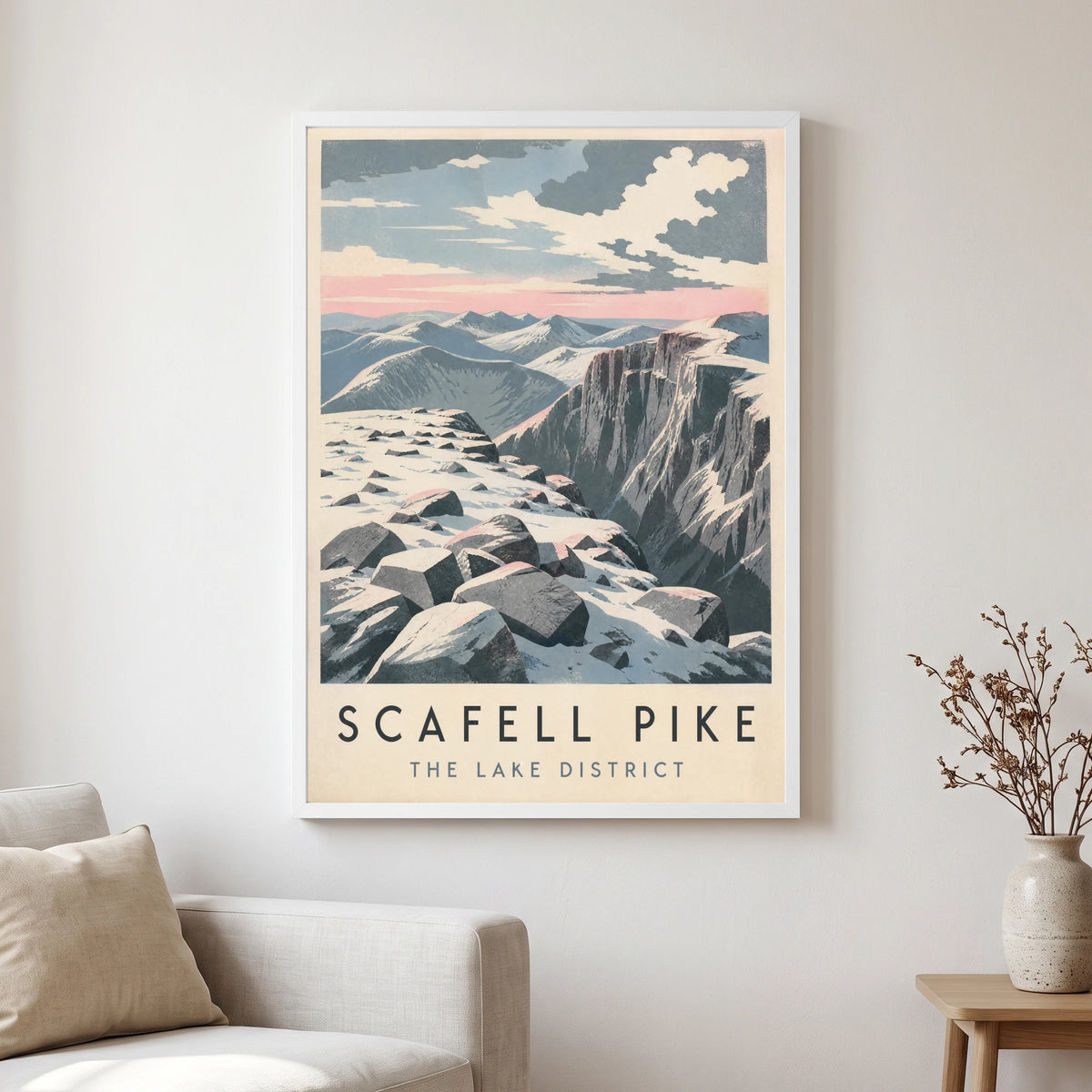 Scafell Pike travel poster in a white frame, hanging in a living2