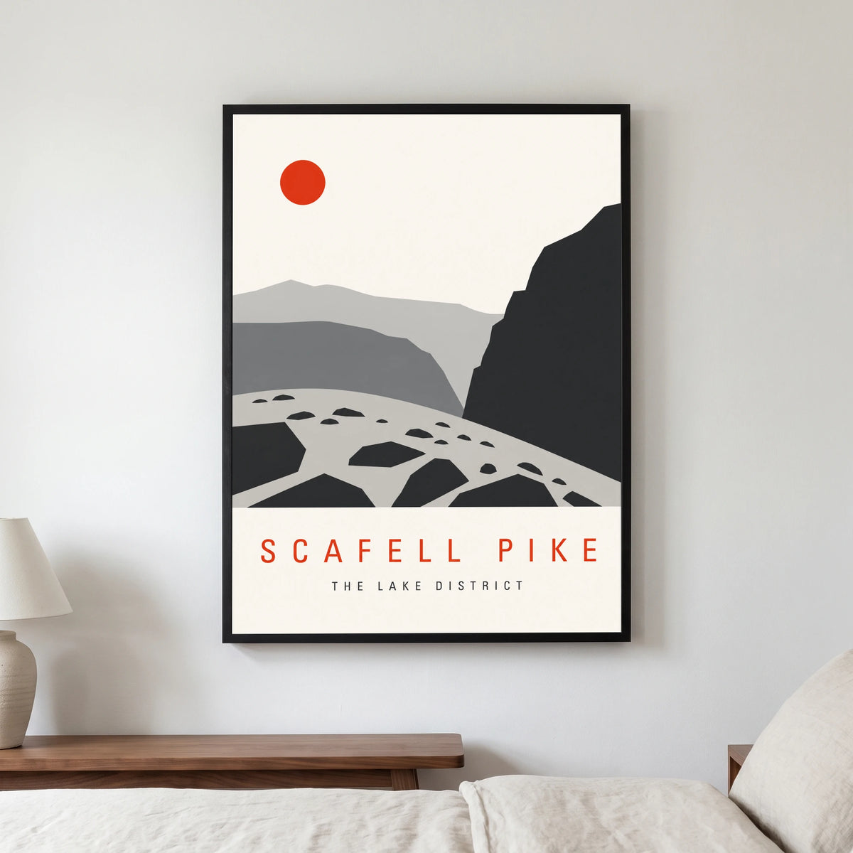 Scafell Pike travel poster in a black frame, hanging in a bedroom3