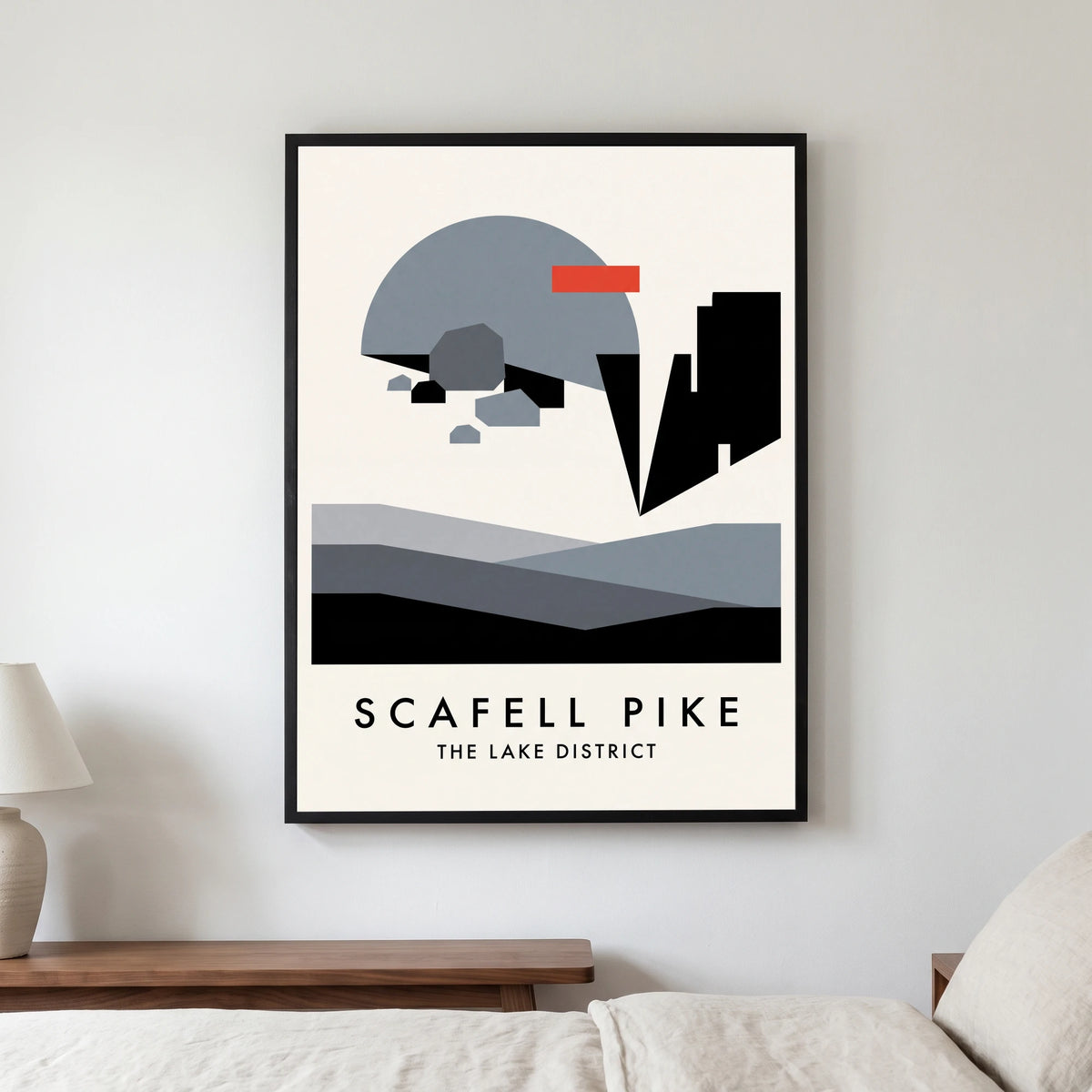 Scafell Pike travel poster in a black frame, hanging in a bedroom3